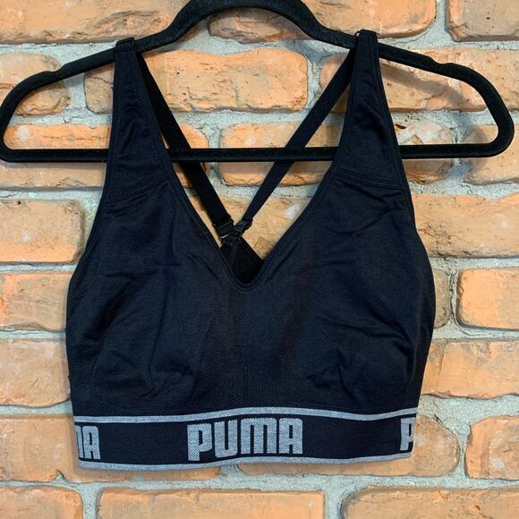 PUMA‎ Womens Large Sports Bra Black Athletic Workout Fitness Racerback Logo Band - Picture 1 of 3